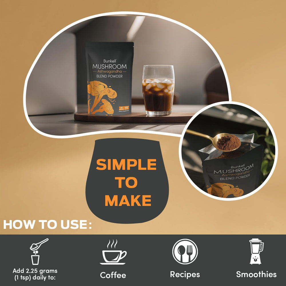 Bunkell scoop with powder for quick daily supplementation.