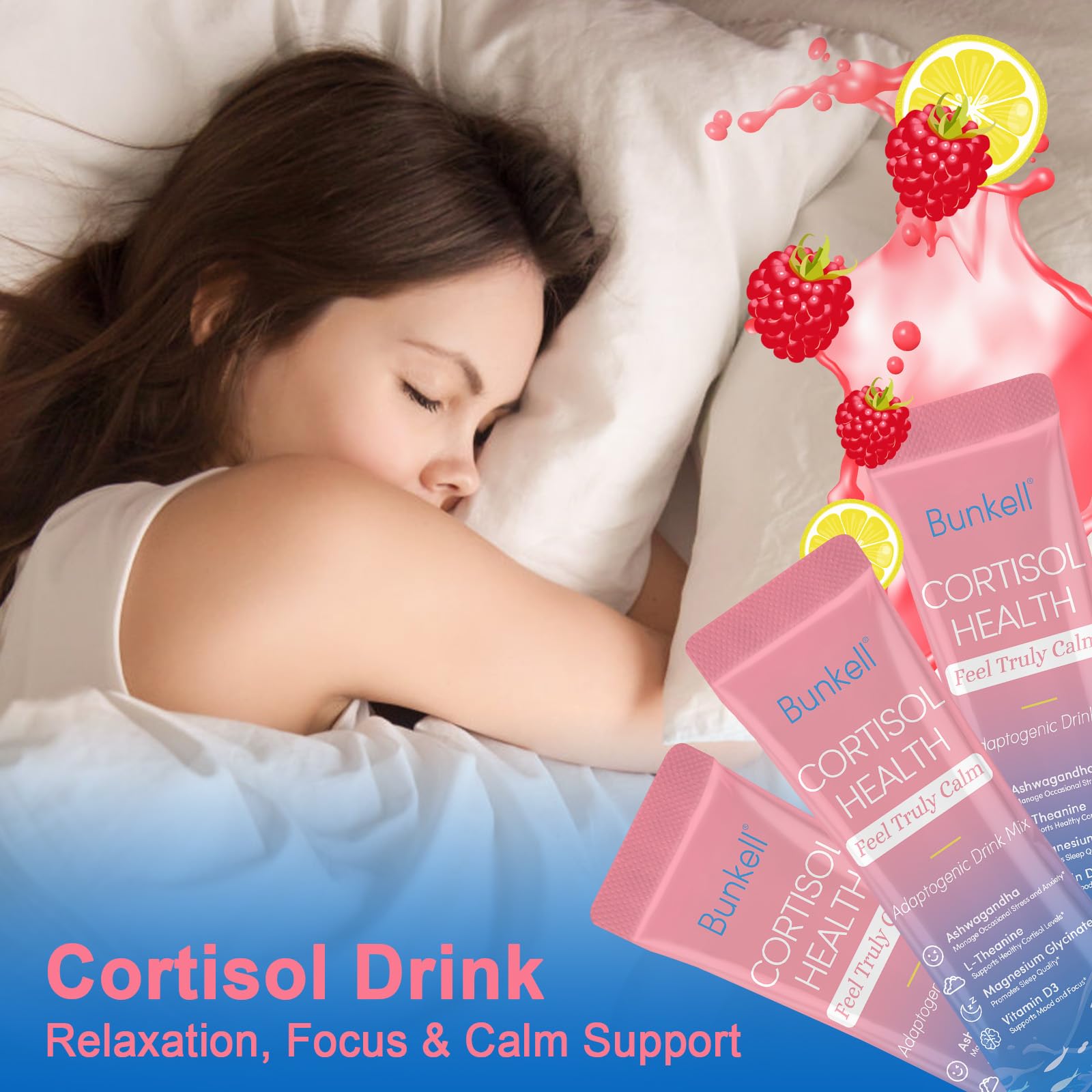 Bunkell Cortisol Powdered Drink Mix with ashwagandha highlight in an adaptogenic context.