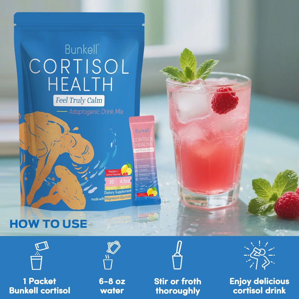 Bunkell Cortisol Powdered Drink Mix ingredients layout highlighting key components.
