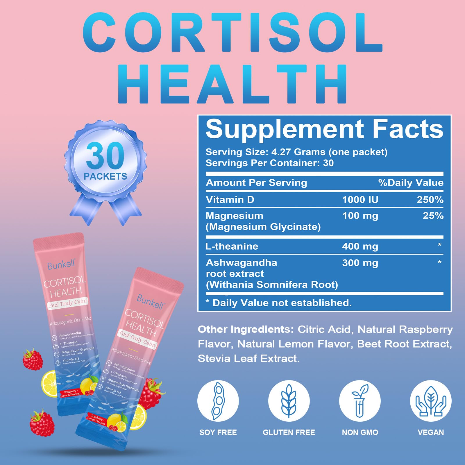 Bunkell Cortisol Powdered Drink Mix with L-Theanine for calm focus imagery.