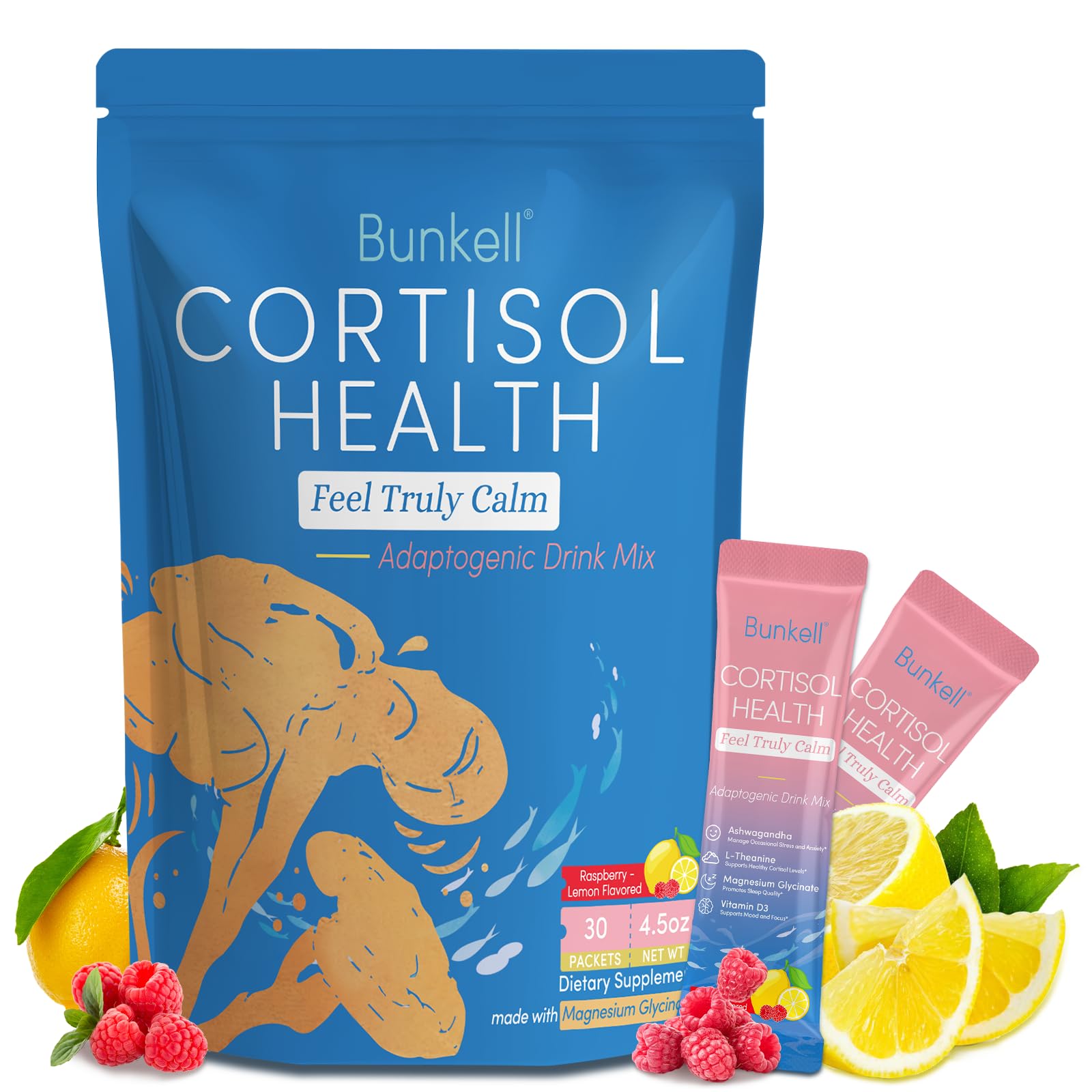 Bunkell Cortisol Powdered Drink Mix in raspberry lemonade poured into a glass for a refreshing calm moment.