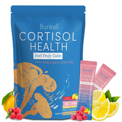 Bunkell Cortisol Powdered Drink Mix in raspberry lemonade poured into a glass for a refreshing calm moment.