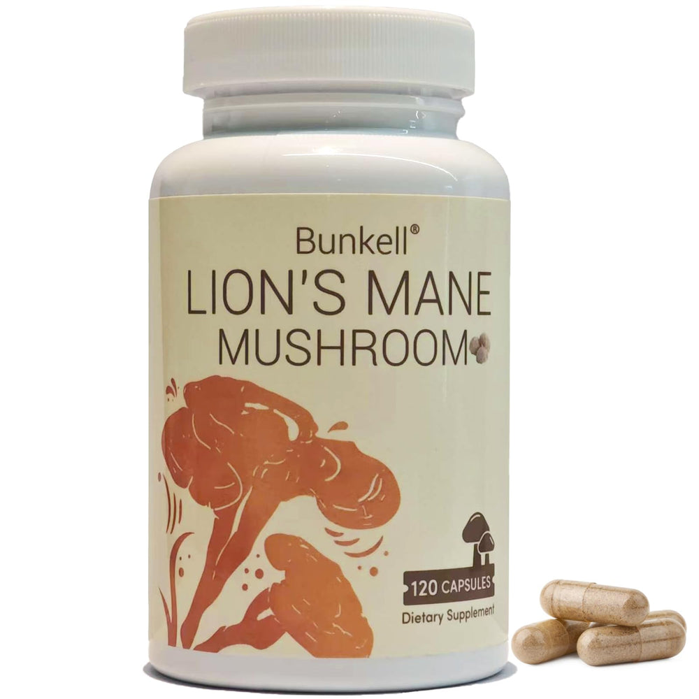 Bunkell Lion's Mane capsules bottle front view highlighting brain health support.