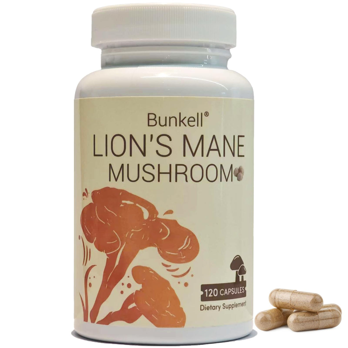 Bunkell Lion's Mane capsules bottle front view highlighting brain health support.