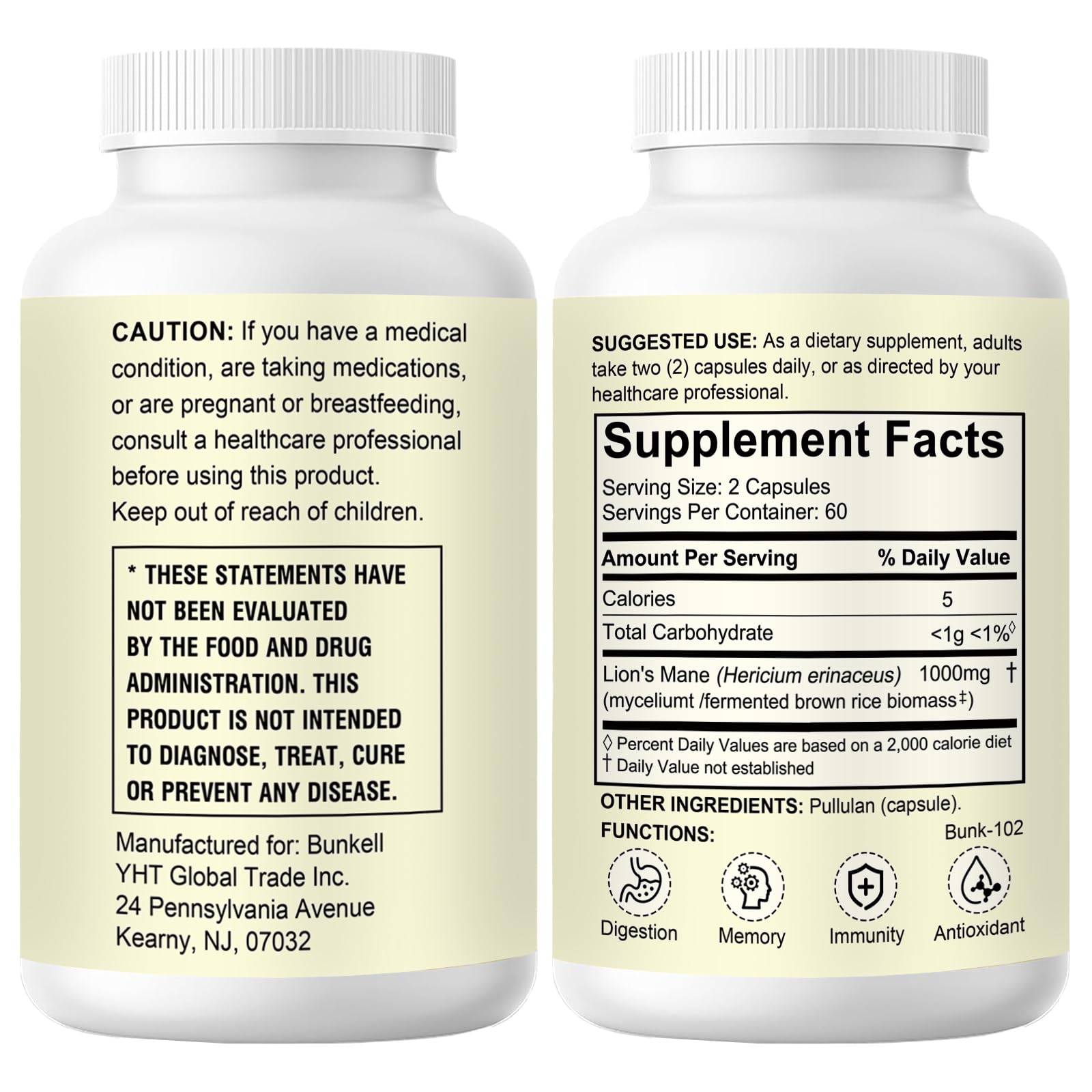 Bunkell Lion's Mane bottle showing ingredients panel and supplement highlights.