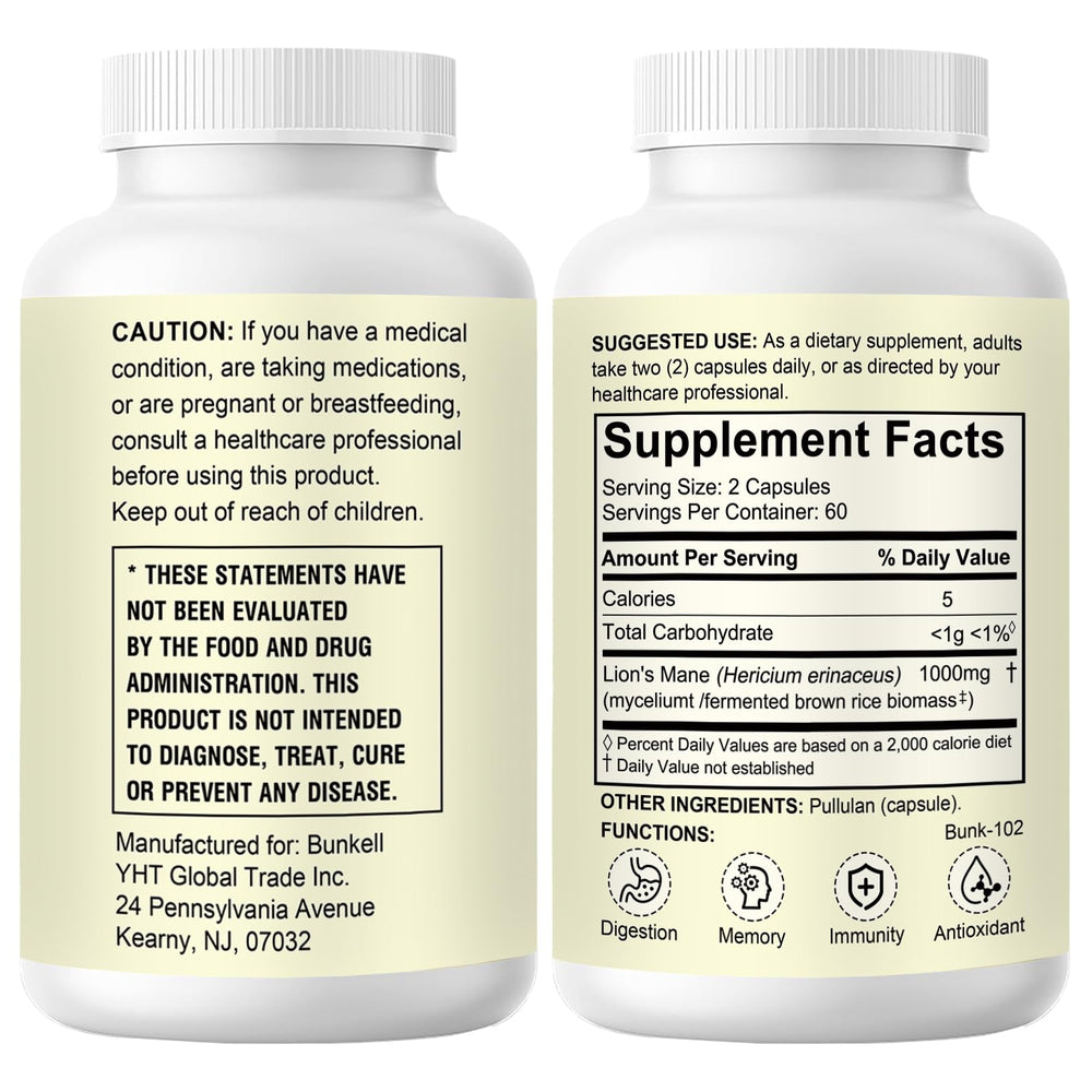 Bunkell Lion's Mane bottle showing ingredients panel and supplement highlights.