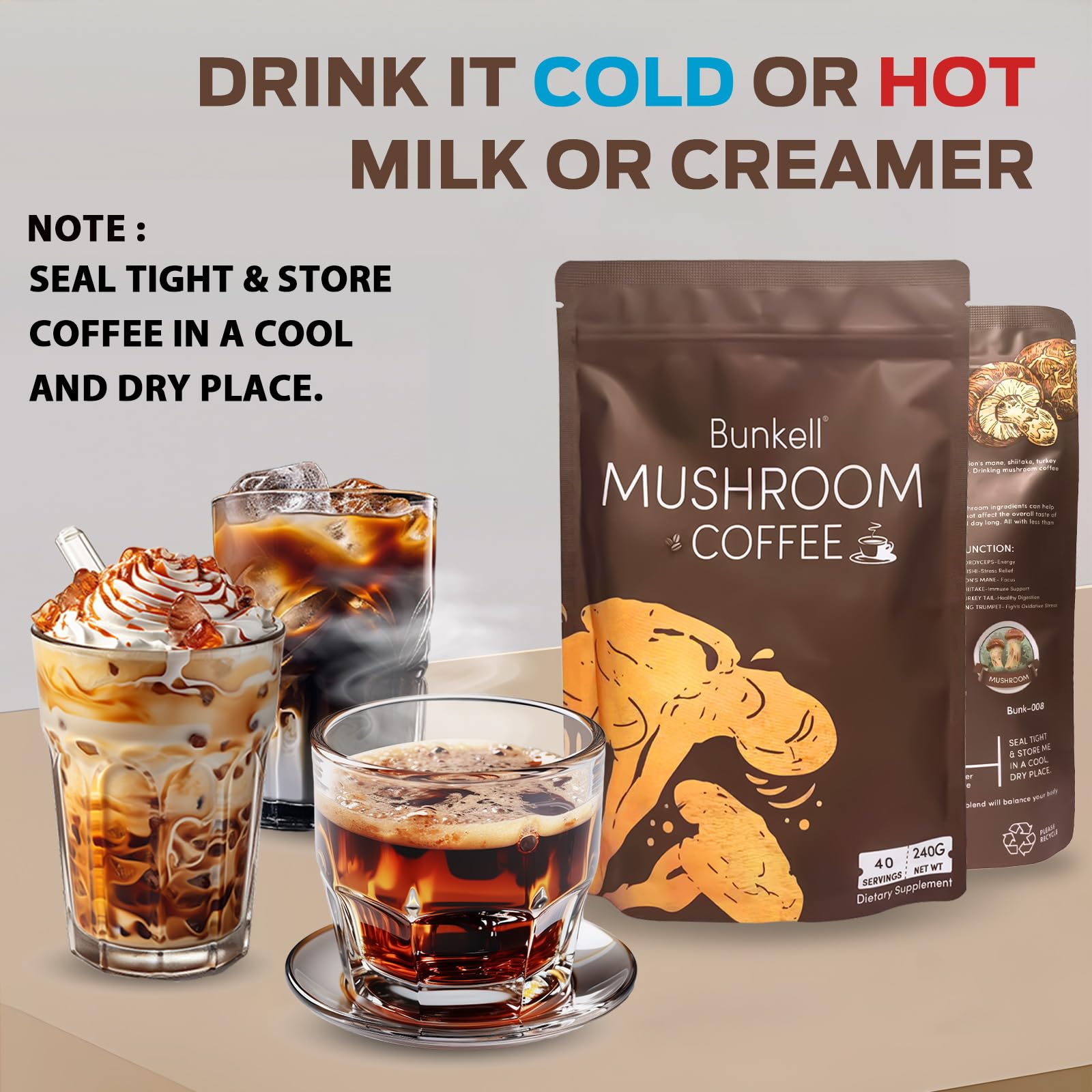 Bunkell Mushroom Coffee ingredients feature MCT oil and coconut milk for creaminess.