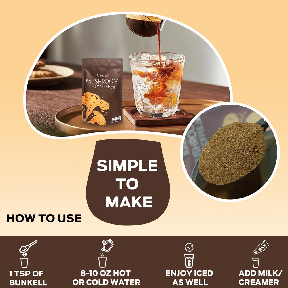 Bunkell Mushroom Coffee jar and packaging displayed for easy prep at home.
