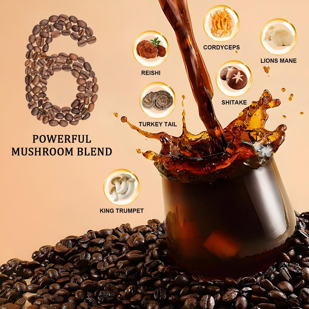 Bunkell Mushroom Coffee mushrooms and cup arranged for a wellness-forward routine.