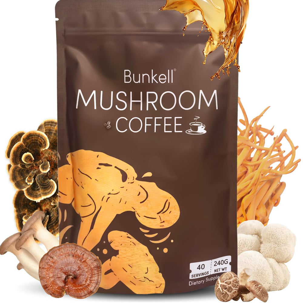 Bunkell Mushroom Coffee tub front shows the 6-mushroom blend for focused energy.