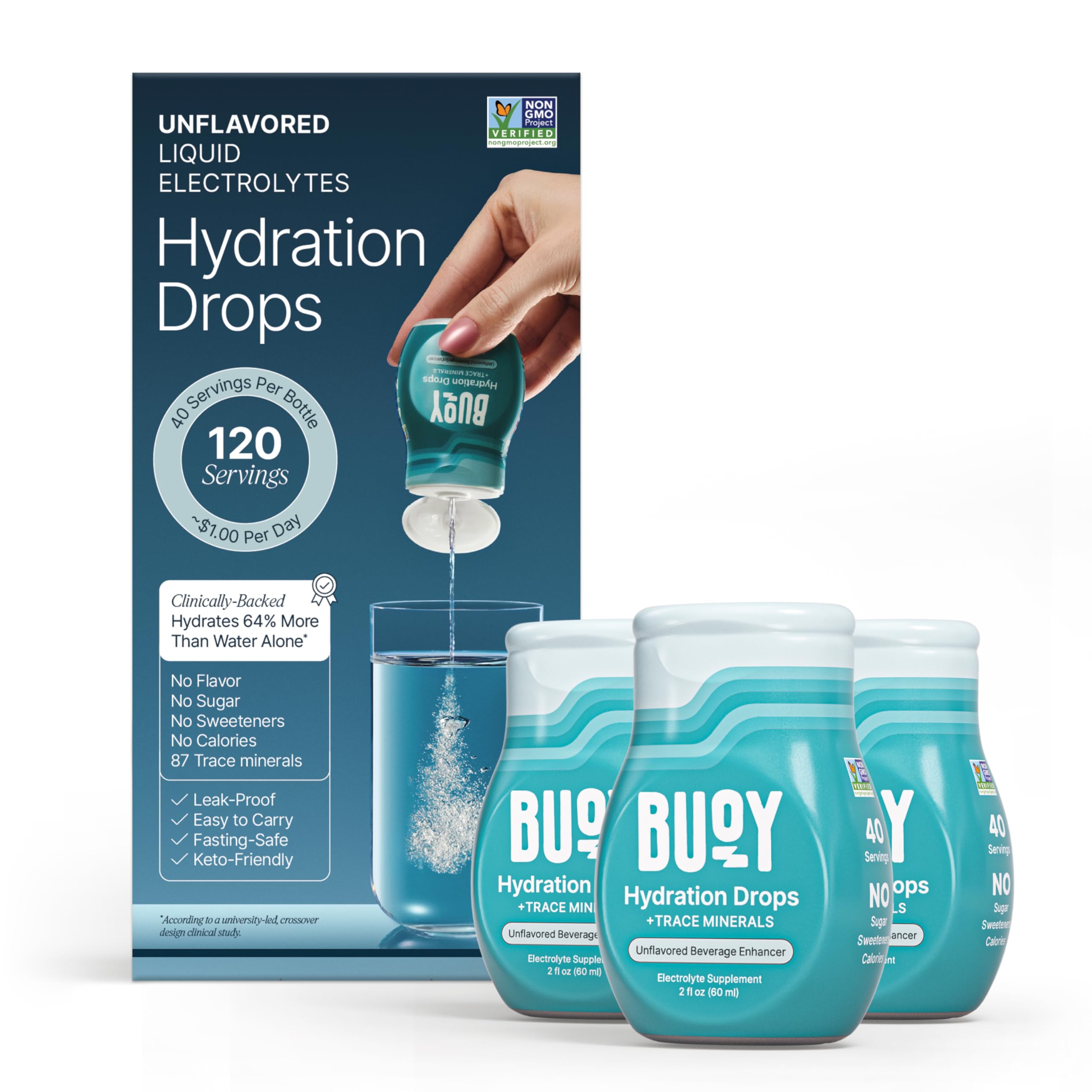 Buoy Electrolyte Drops bottle close-up highlighting sugar-free hydration