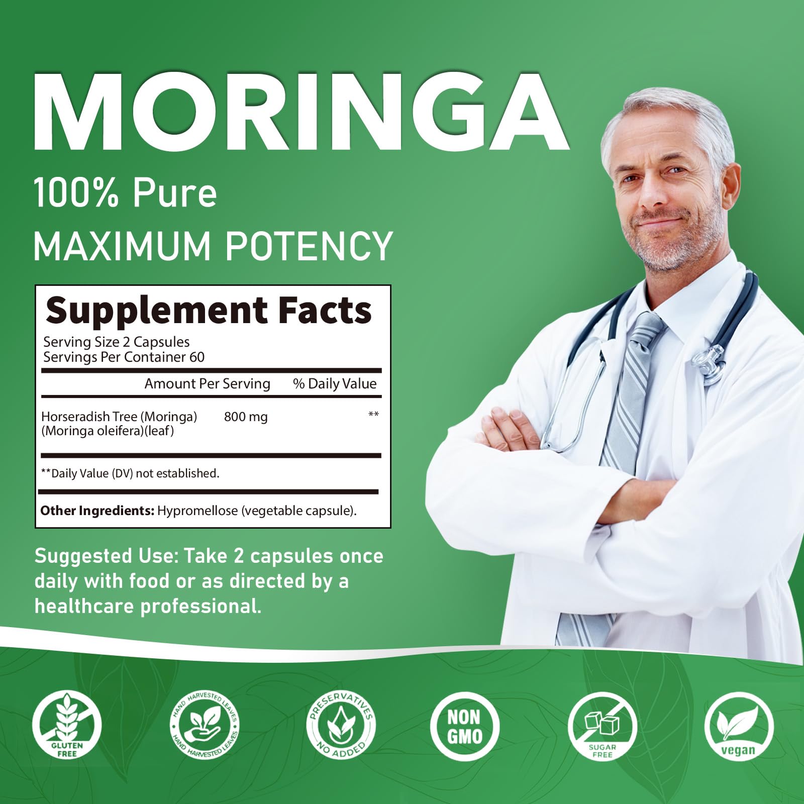 Buporai moringa bottle top view emphasizing convenient vegan capsules.