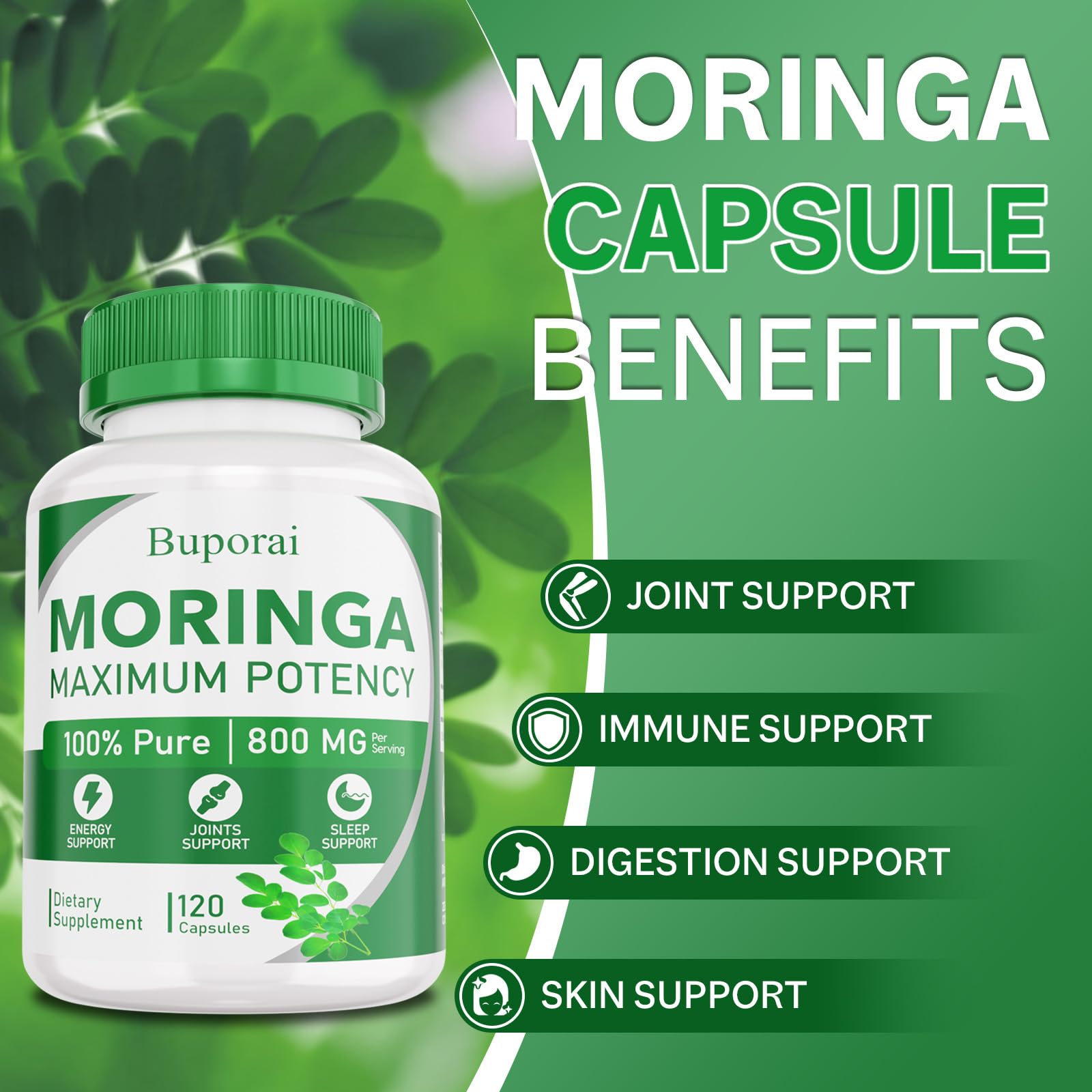 Buporai moringa capsules label closeup noting non-GMO and gluten-free.