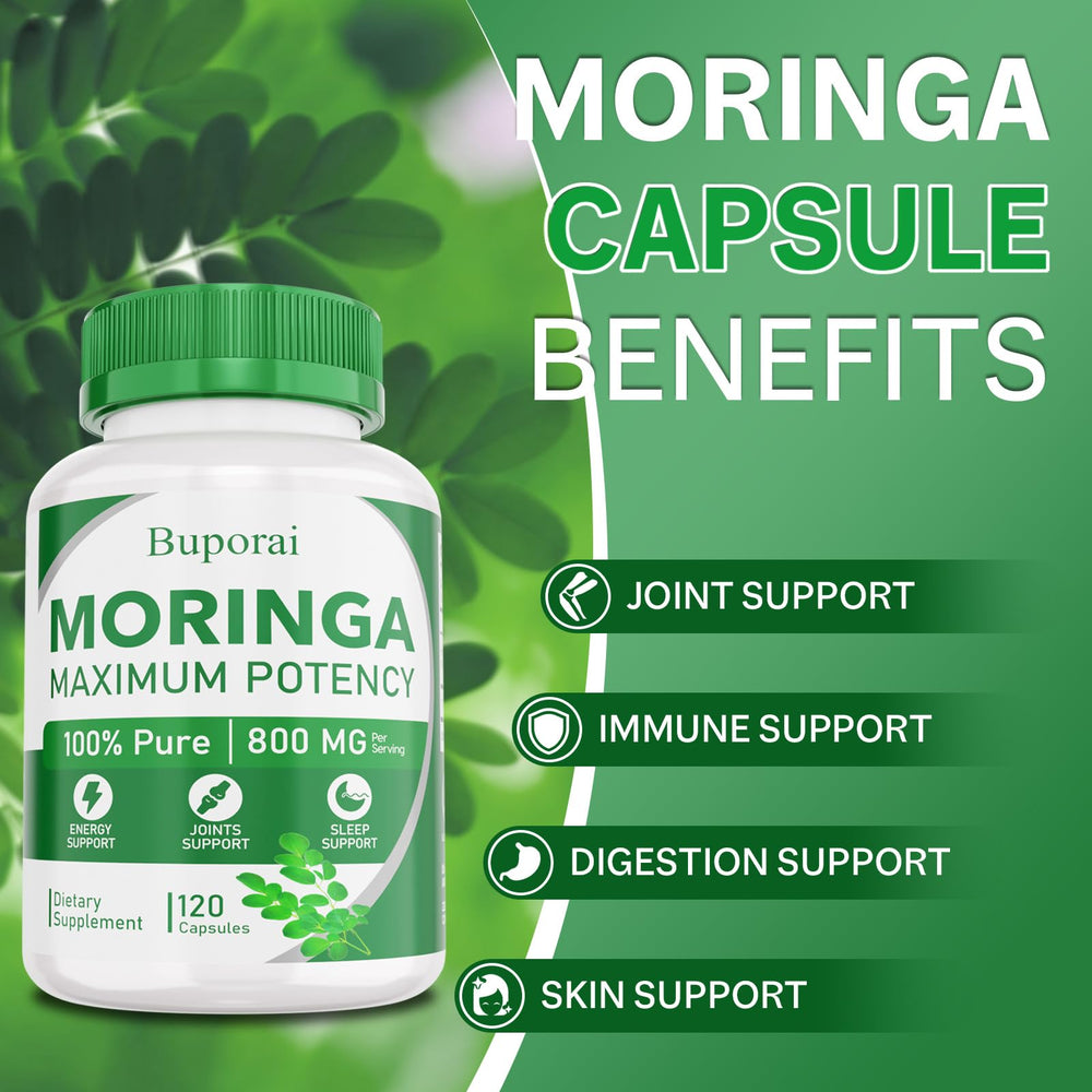 Buporai moringa capsules label closeup noting non-GMO and gluten-free.