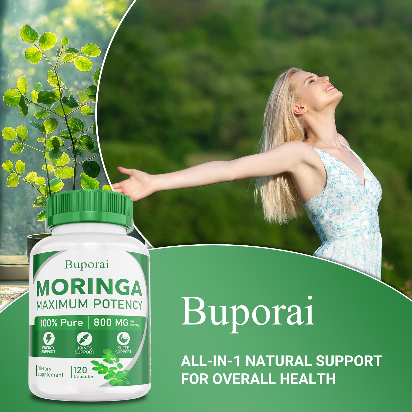 Buporai moringa ingredients panel highlights vitamins minerals and antioxidants.