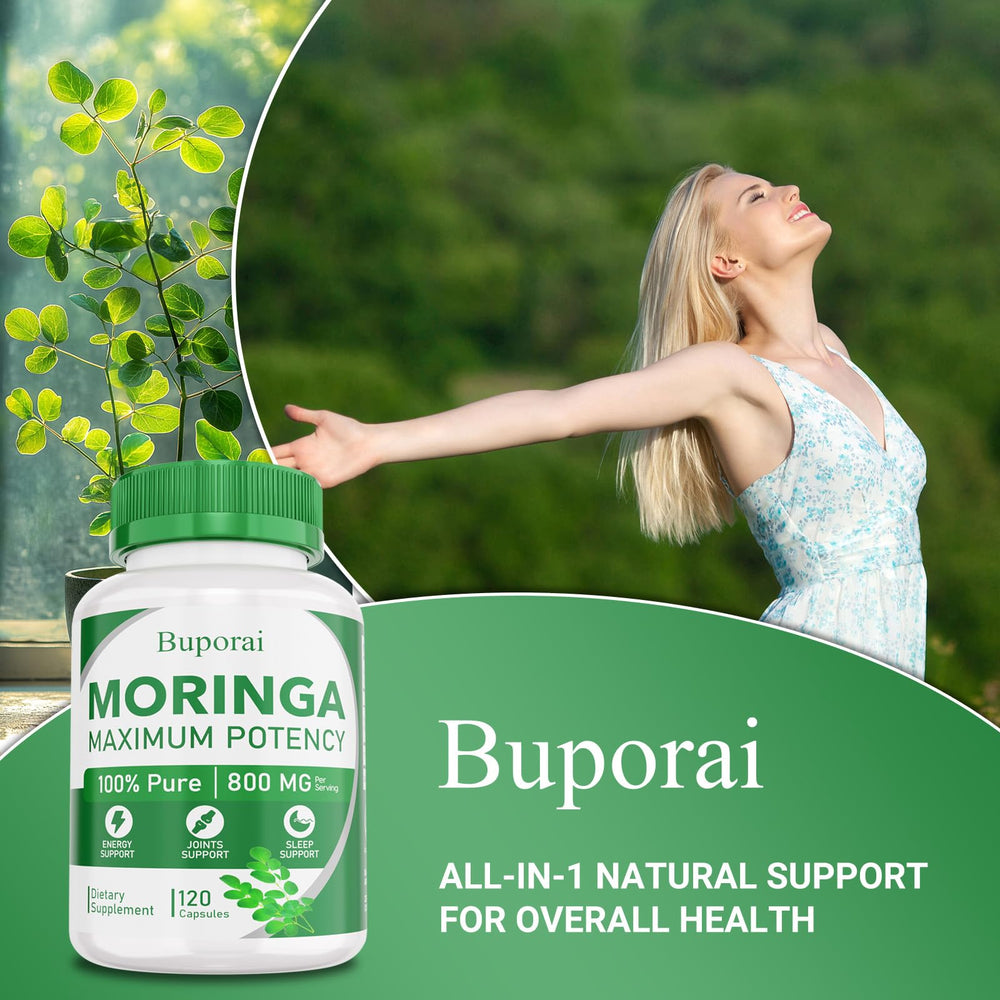 Buporai moringa ingredients panel highlights vitamins minerals and antioxidants.