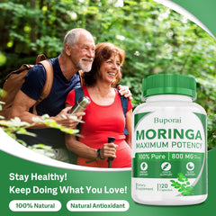 Buporai moringa powder capsule closeup highlighting 800 mg servings.