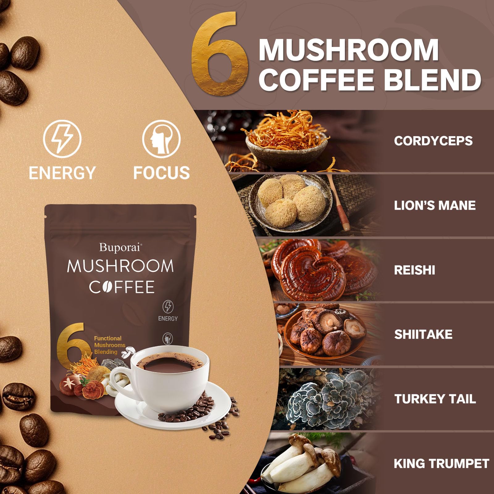 Buporai Mushroom Coffee label close-up showing vegan and gluten-free attributes