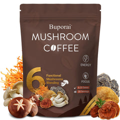 Buporai Mushroom Coffee pack shot featuring six mushrooms for daily energy