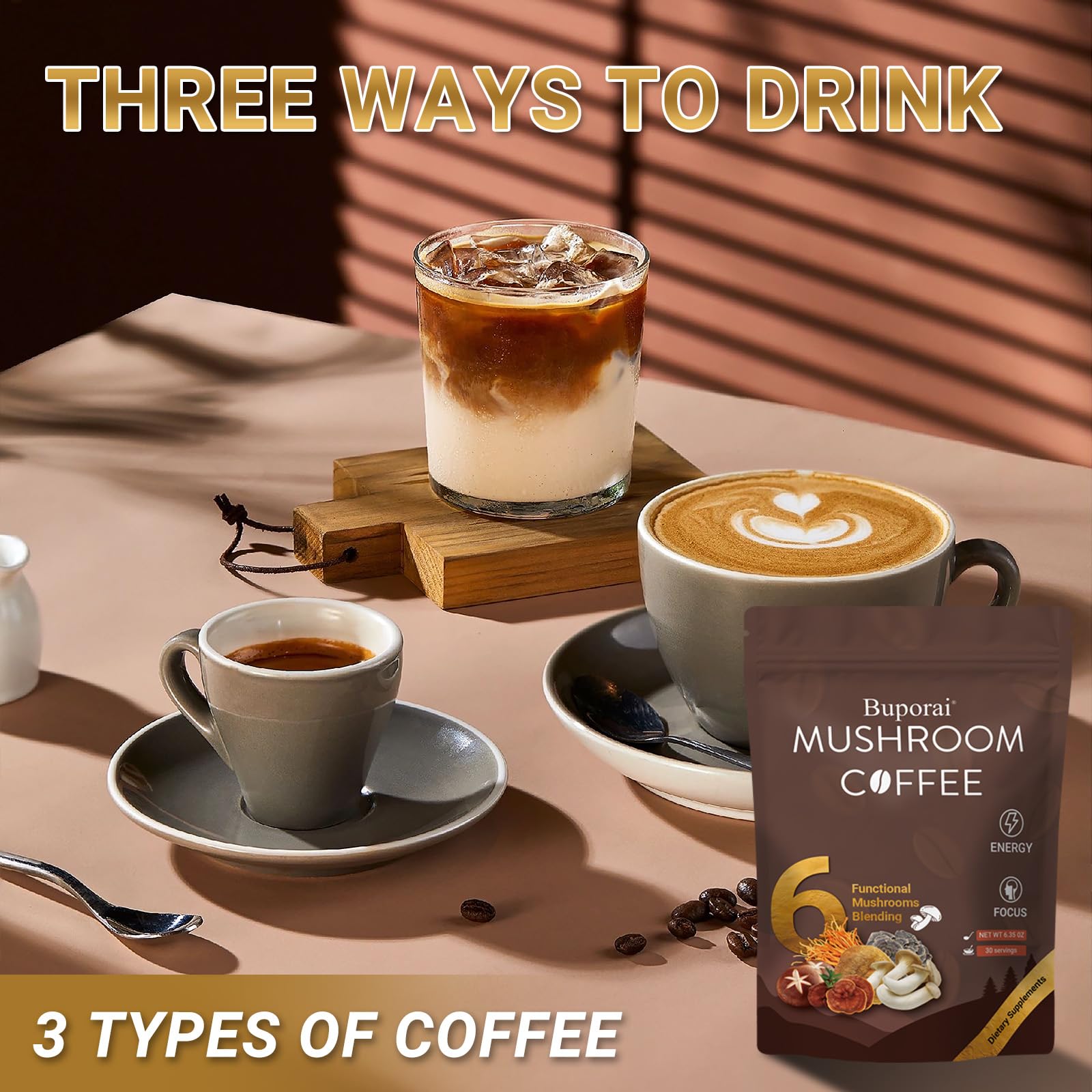 Buporai Mushroom Coffee packaging on a retail shelf