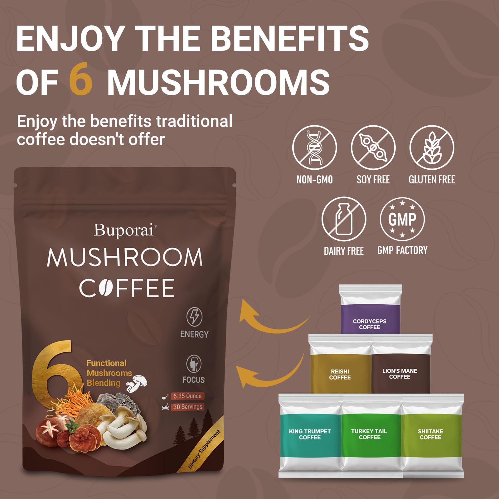 Buporai Mushroom Coffee teaspoon scooping powder into a mug