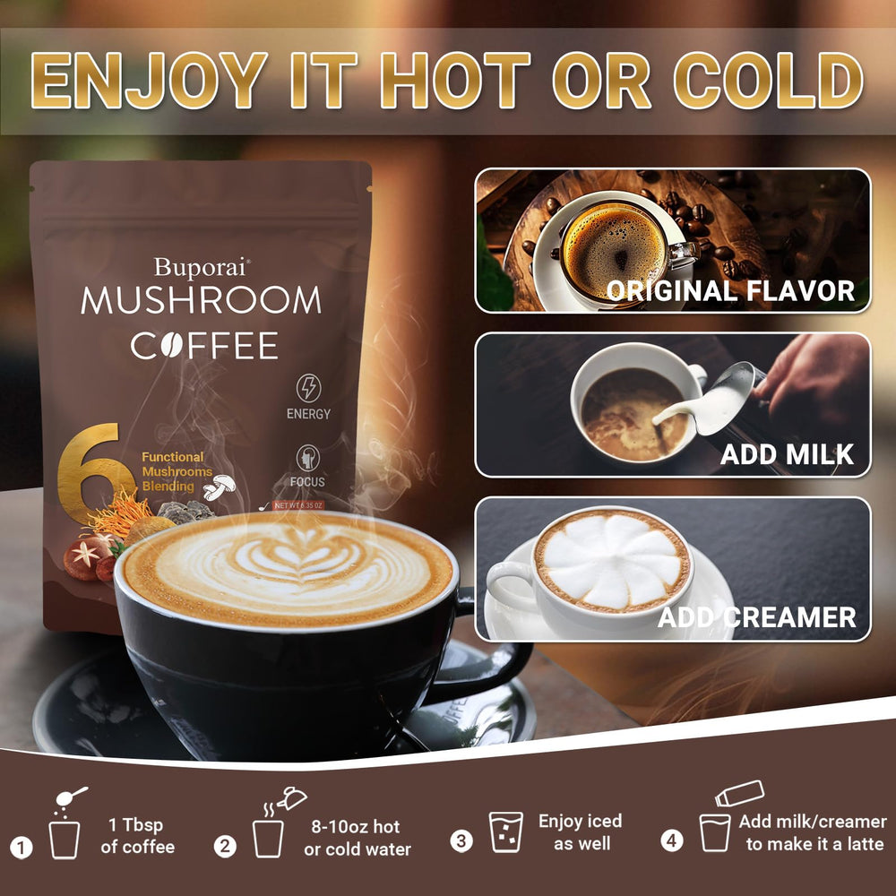 Buporai Mushroom Coffee aroma rising from a mug on a desk