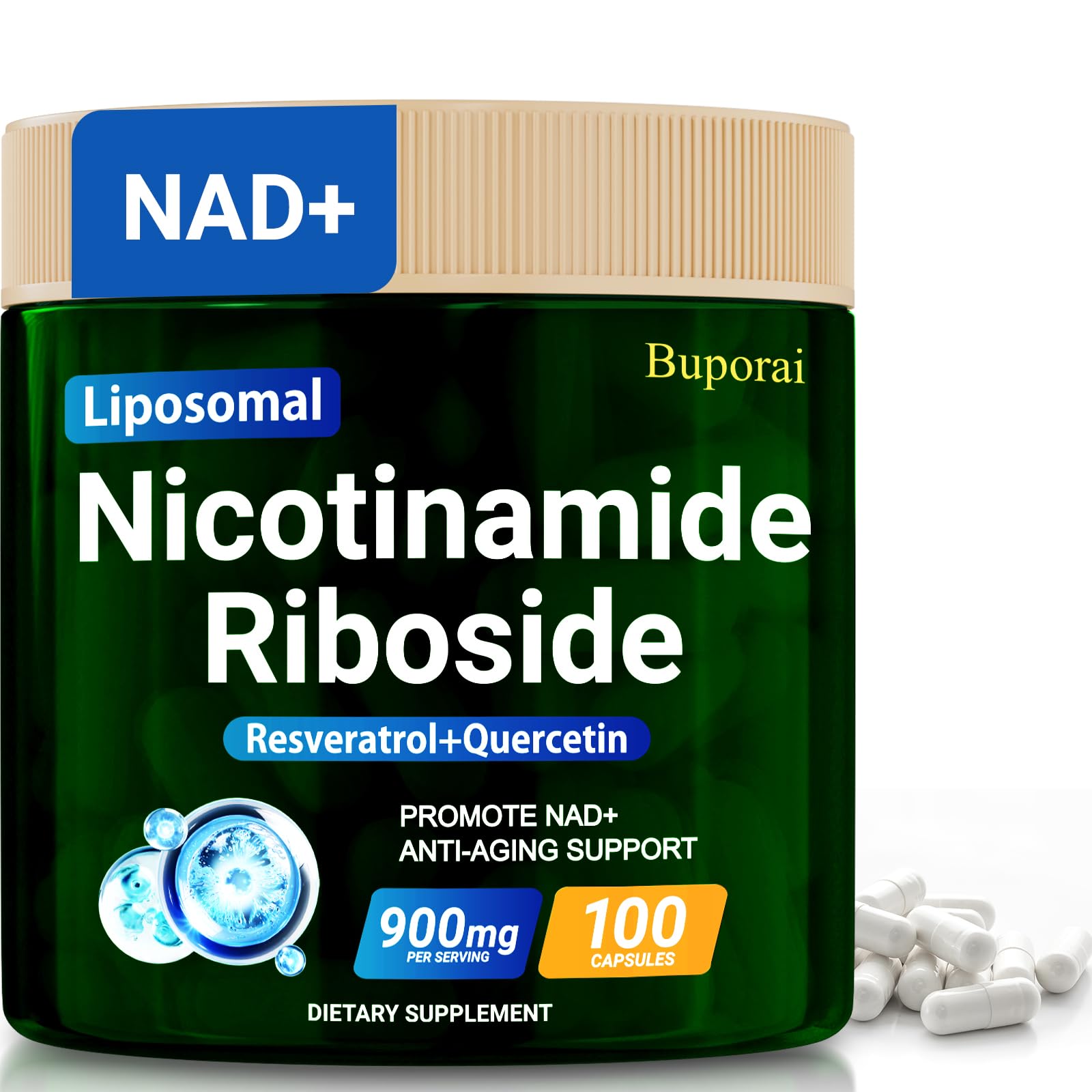 Buporai Nicotinamide Riboside bottle front for daily energy support.