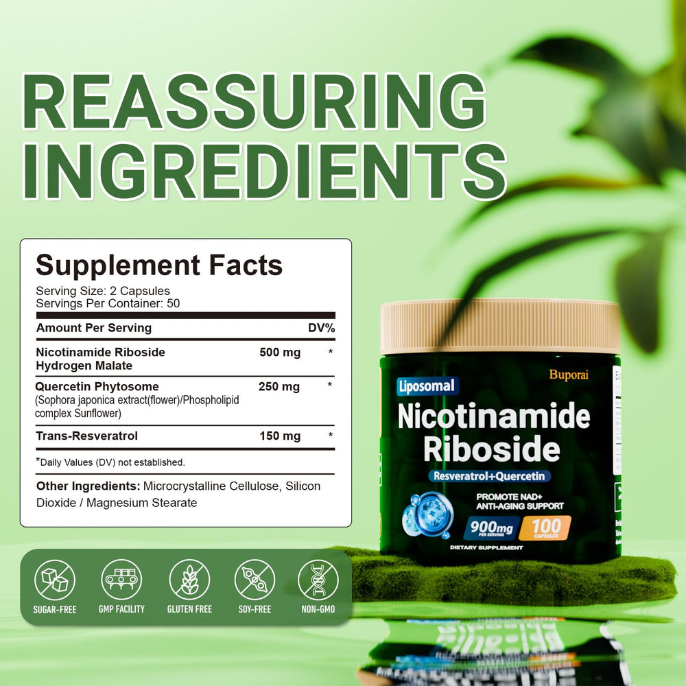 Buporai Nicotinamide Riboside ingredients label with resveratrol and quercetin.