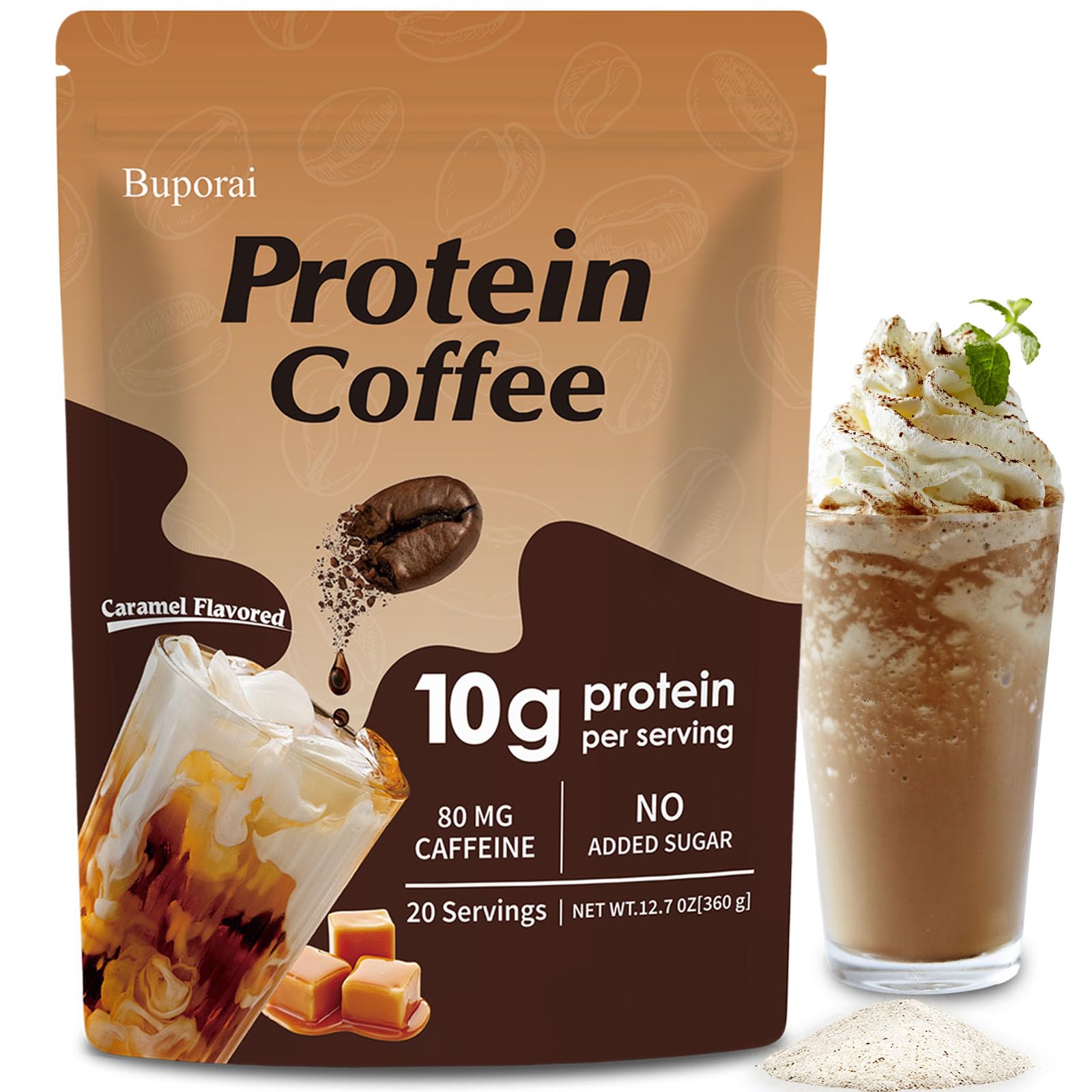 Buporai Protein Coffee Powder packaging with caramel twist for keto-friendly energy