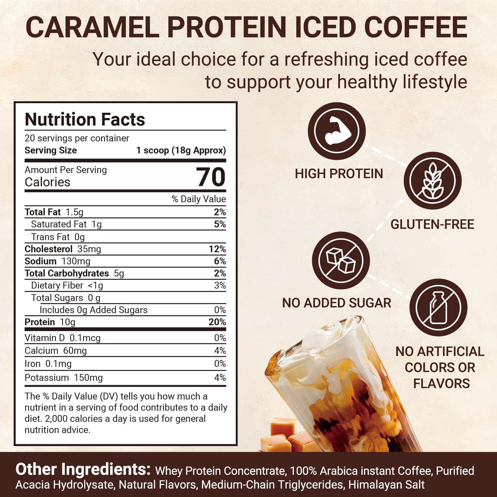Buporai Protein Coffee Powder pour shot showing caramel texture and energy