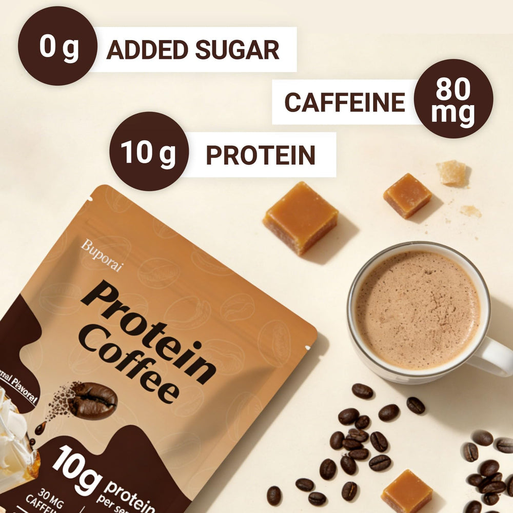 Buporai Protein Coffee Powder in glass with ice for iced coffee