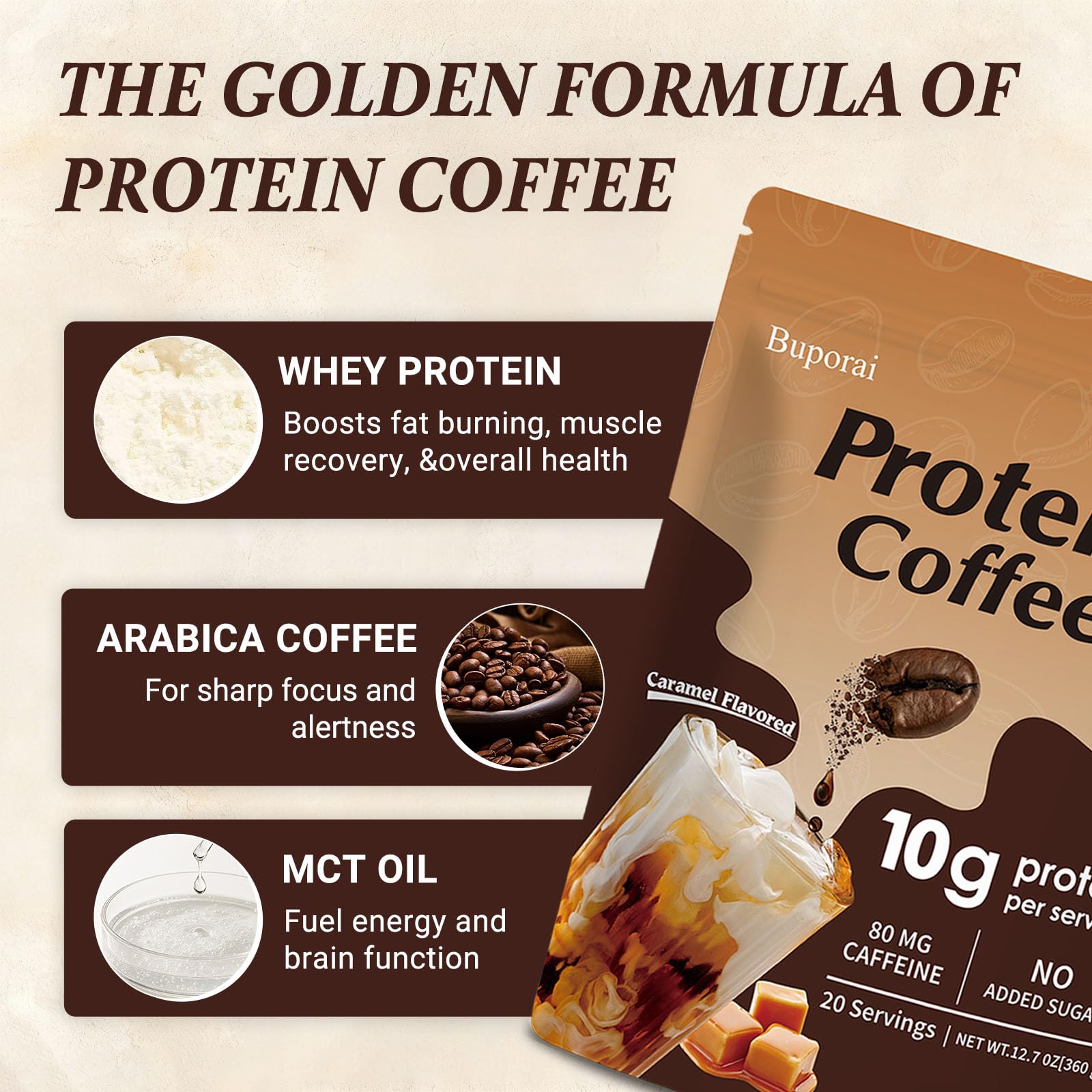 Buporai Protein Coffee Powder measuring scoop beside jar for easy prep