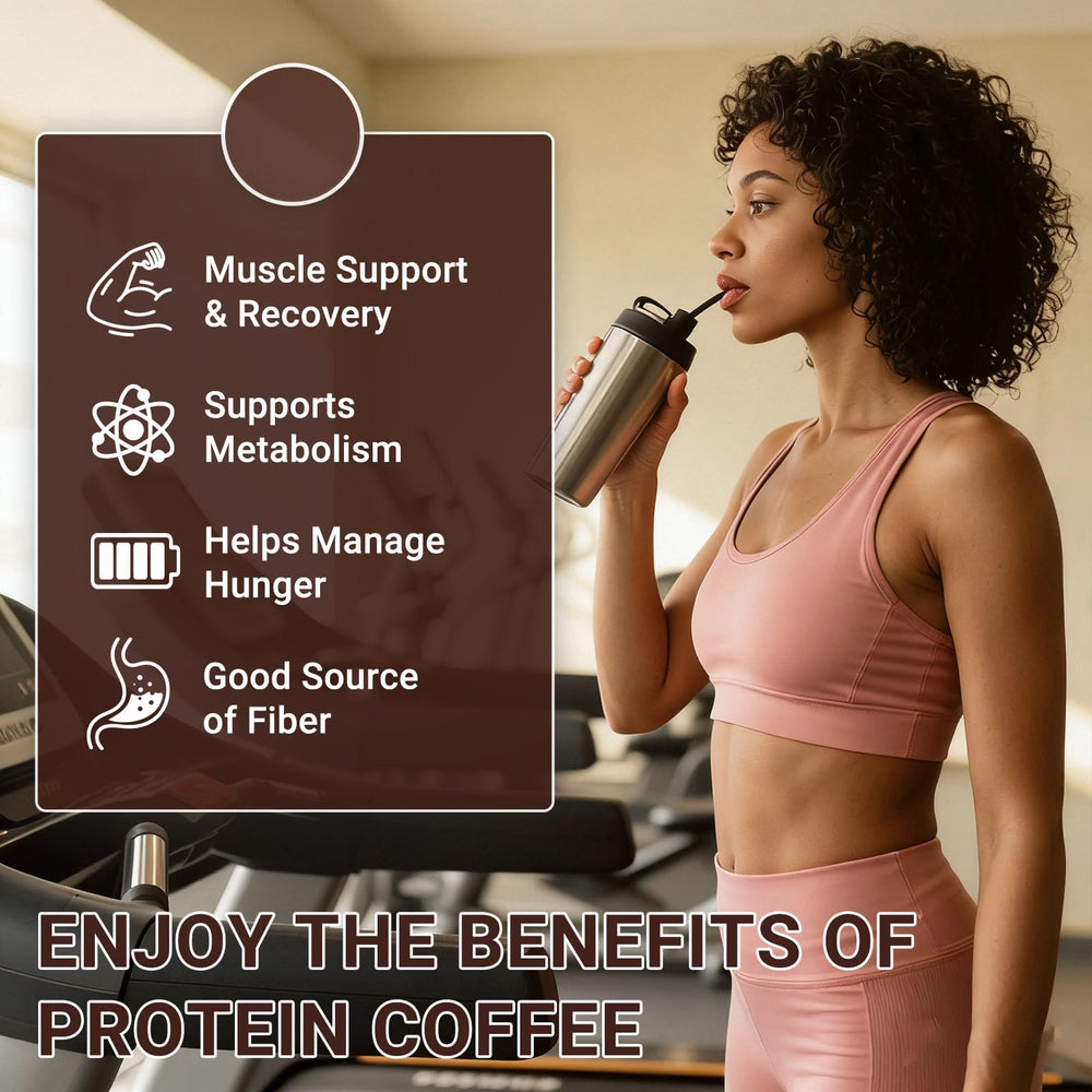 Buporai Protein Coffee Powder stirred into cup with creamy caramel