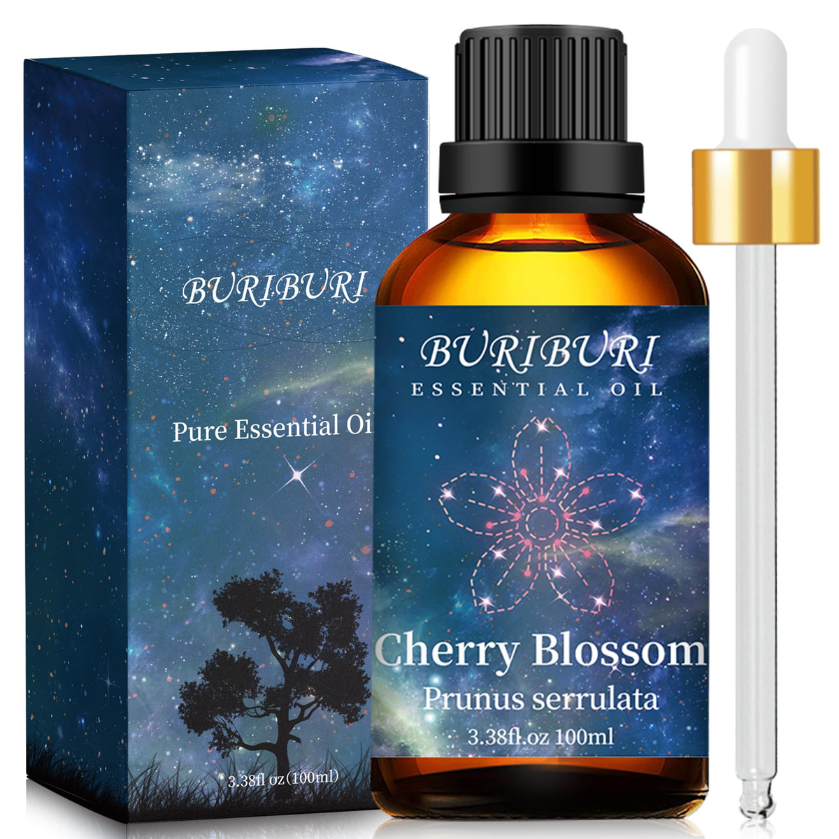 BURIBURI Cherry Blossom essential oil bottle in amber glass for aromatherapy diffusion