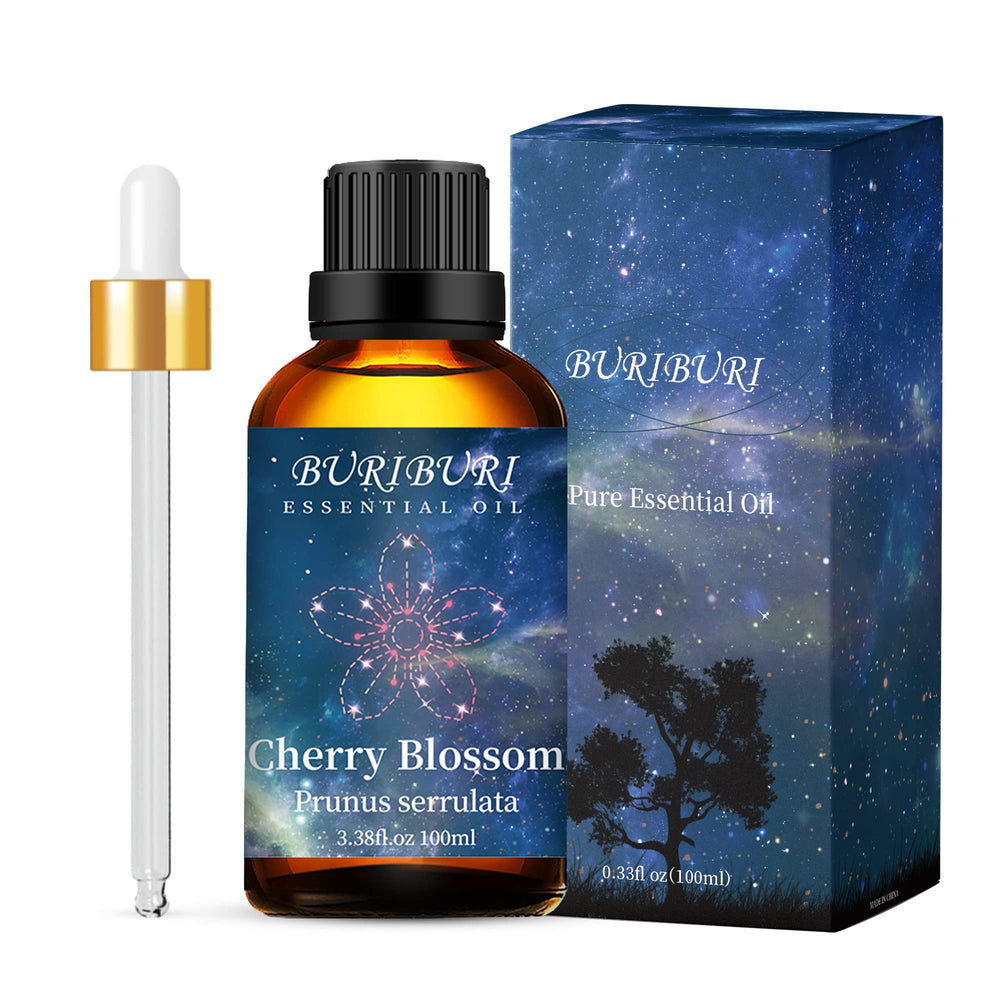 BURIBURI Cherry Blossom oil packaging close-up highlighting amber bottle and label