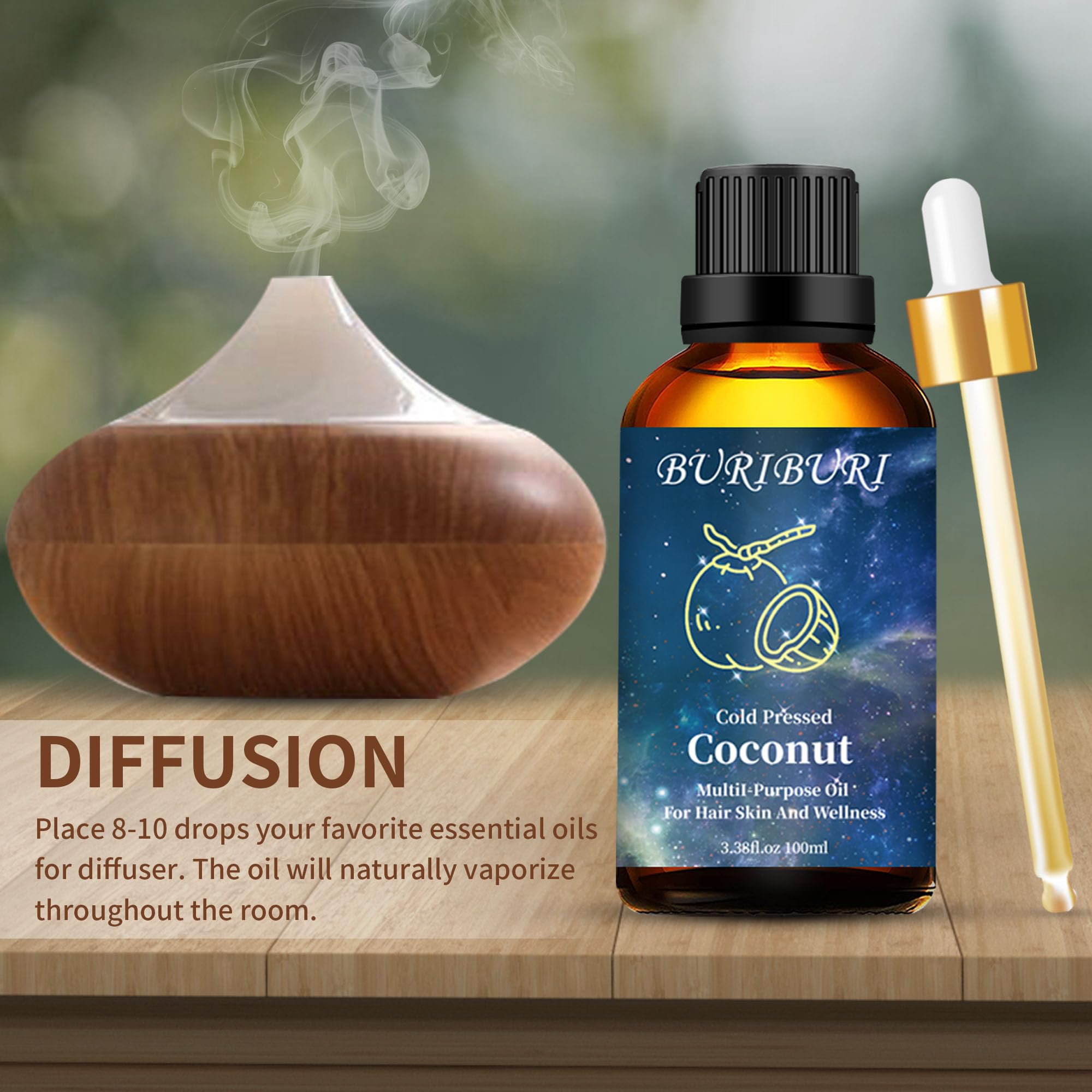 BURIBURI Coconut Essential Oil for massage preparation with skin-safe dilution guidance