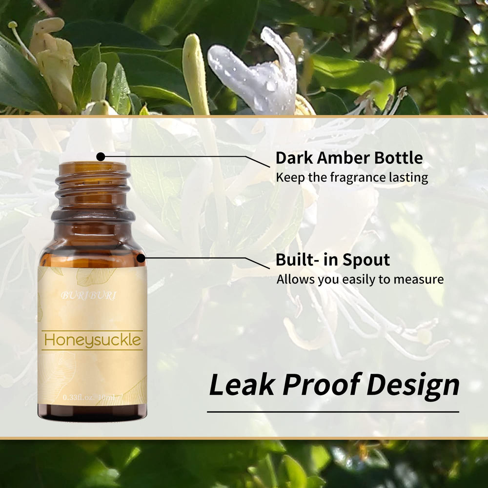 BURIBURI Honeysuckle essential oil bottle pour shows easy use.
