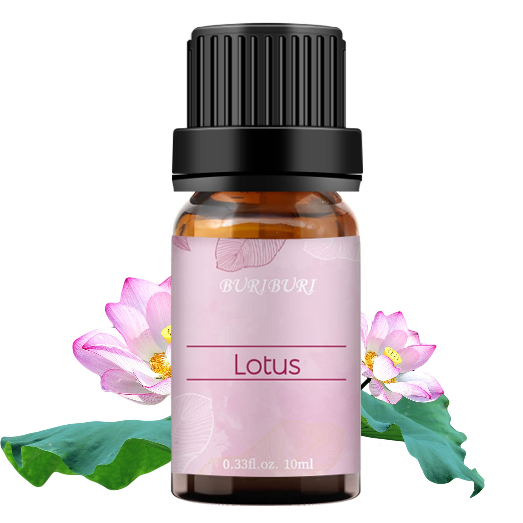 BURIBURI Lotus essential oil bottle shown in amber glass for pure aromatherapy use.