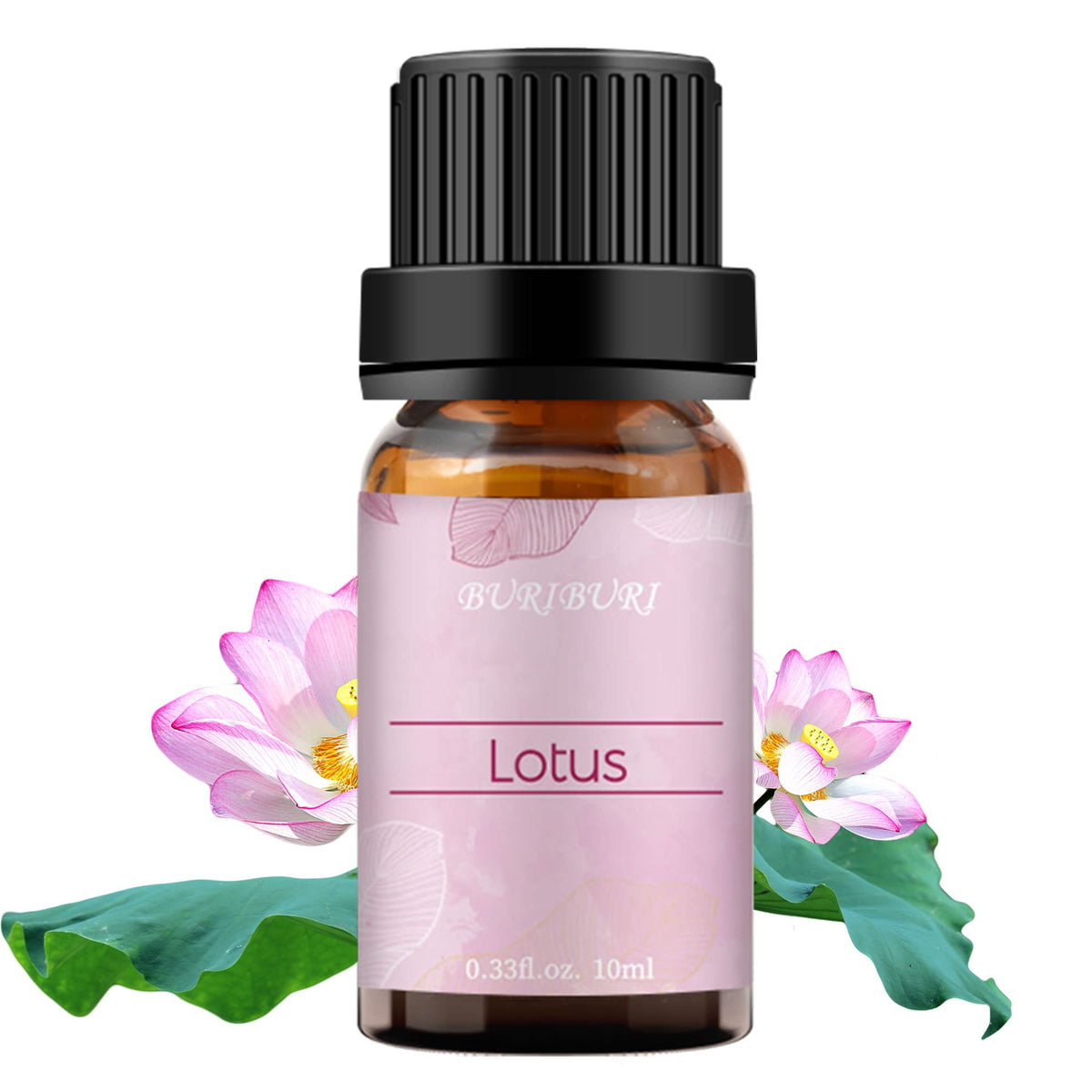 BURIBURI Lotus essential oil bottle shown in amber glass for pure aromatherapy use.
