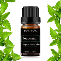 BURIBURI Peppermint Oil 10ml bottle provides pure aroma for diffusers.