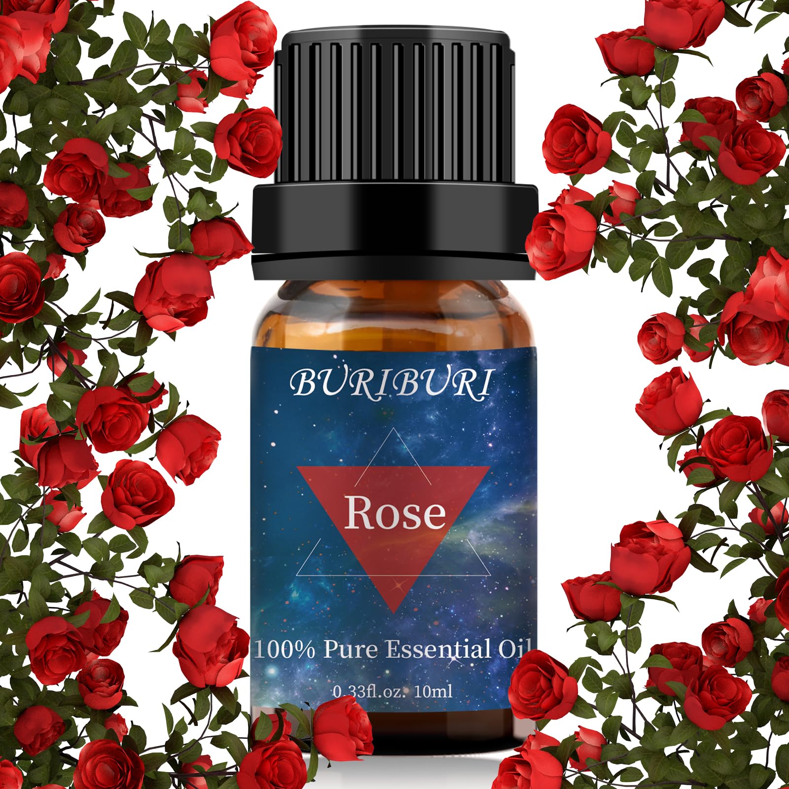 BURIBURI Rose essential oil bottle in amber glass preserves purity and fragrance.