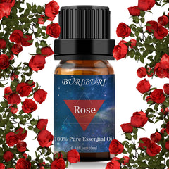 BURIBURI Rose essential oil bottle in amber glass preserves purity and fragrance.