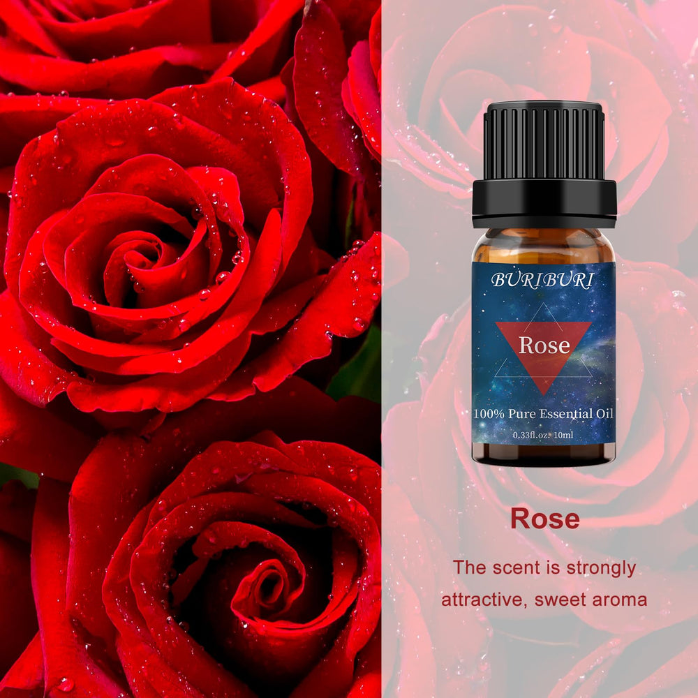 BURIBURI Rose essential oil diffuses a floral aroma in any diffuser.