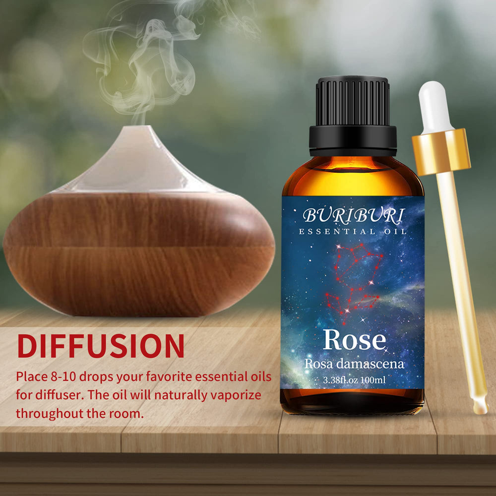 BURIBURI Rose Essential Oil diffuser scene showing calming room ambiance