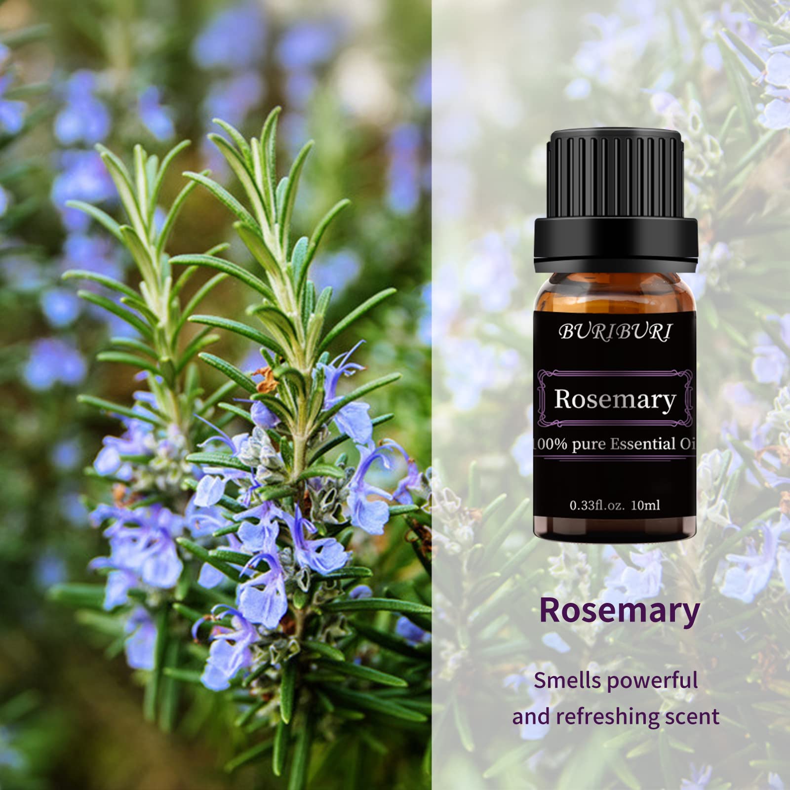 Close-up drops of BURIBURI rosemary oil for scent layering and uses.