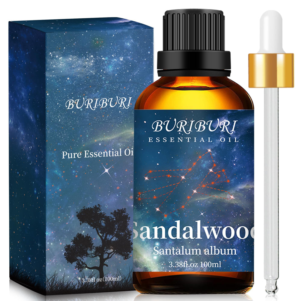 BURIBURI sandalwood oil in amber glass bottle for pure aroma and easy storage.