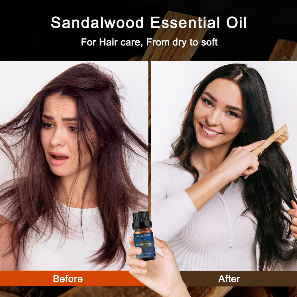 Close-up of BURIBURI sandalwood oil bottle highlighting pure aroma for diffusers