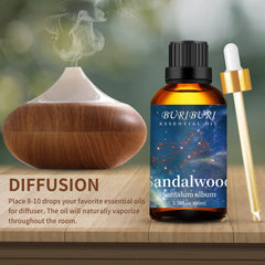 BURIBURI sandalwood oil ready for diffuser use and room fragrance.