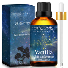 BURIBURI vanilla essential oil bottle in amber glass preserves aroma for diffusion