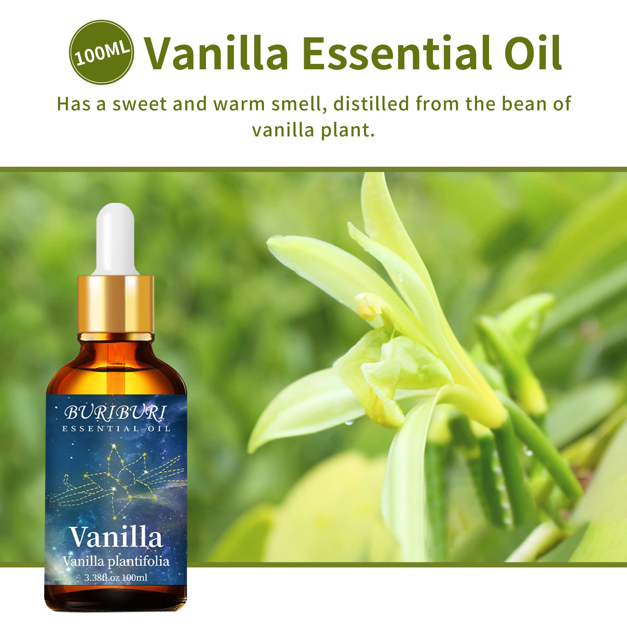 BURIBURI vanilla oil being poured for easy use in diffusers and candles